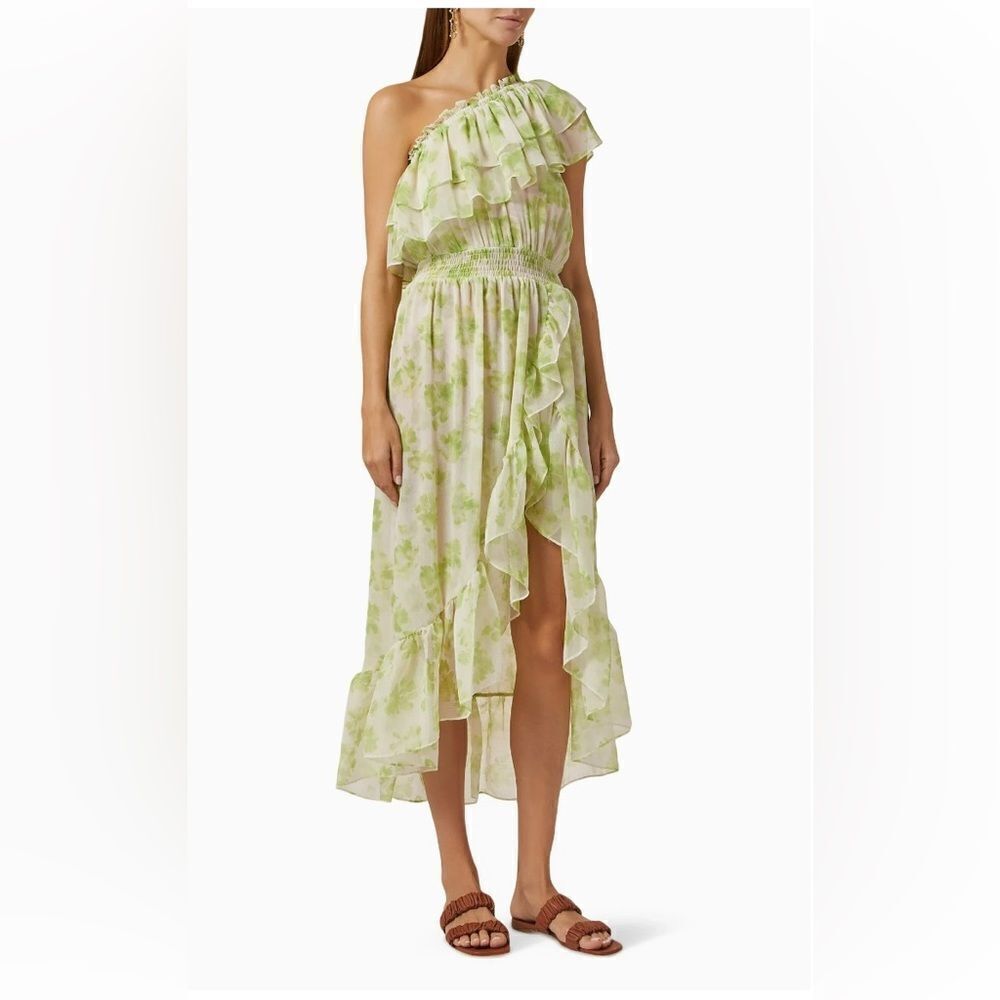MISA Rumi MIDI Revolve Chiffon One Shoulder Dress in Honeydew Large‎ NWT
